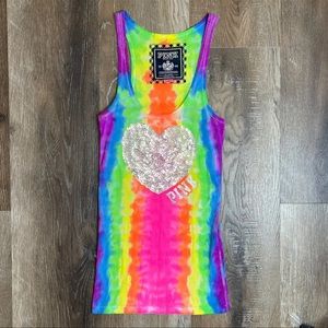 vs PINK Custom Neon Rainbow Tie-Dye Bling Ribbed Vintage Tank Top (LARGE)